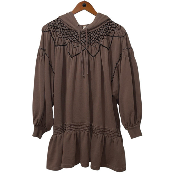 Free People Marty Smocked Sweatshirt Hooded Tunic Mini Dress Brown Bear Size Sm - Picture 1 of 12